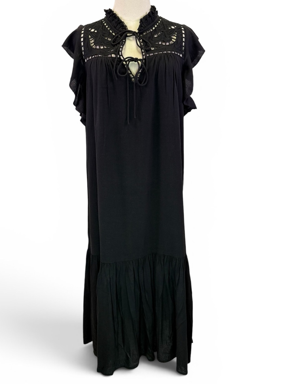 Suncoo Paris Cidji Black Boho Embroidered Flutter Sleeves Maxi Dress Size‎ L